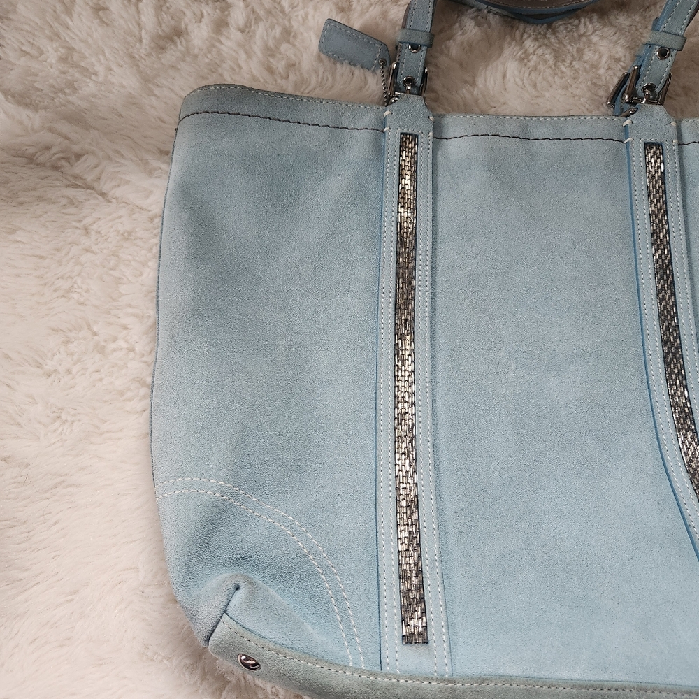 Vintage Coach Powder Blue Gallery Tote Soft Split Suede Metallic Beaded Trim Y2K - Picture 11 of 16